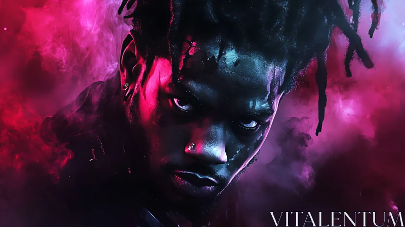 Intense neon portrait cuts through dark vaporous clouds
