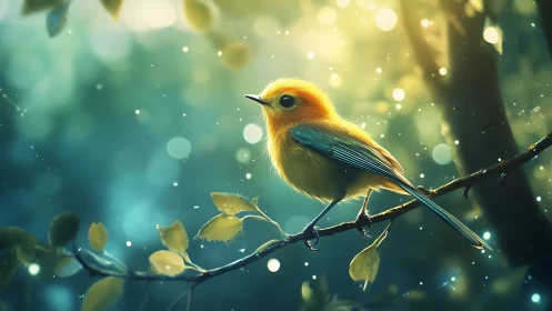 Vibrant yellow bird on branch in dreamy, soft-focus forest scene.