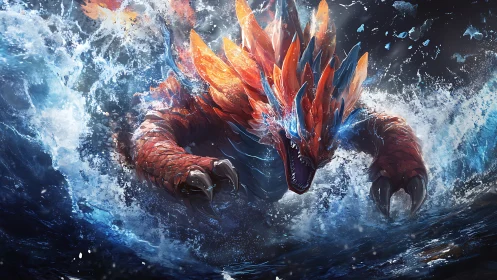 Tidal crystal leviathan erupts from storm-split ocean dusk.