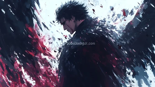 Brooding winged figure wrapped in swirling dark feathers.