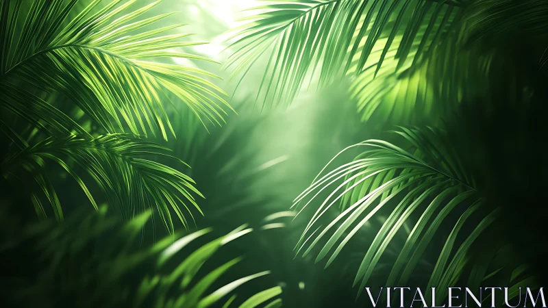 Sunlit tropical palm leaves inviting a calm green escape.