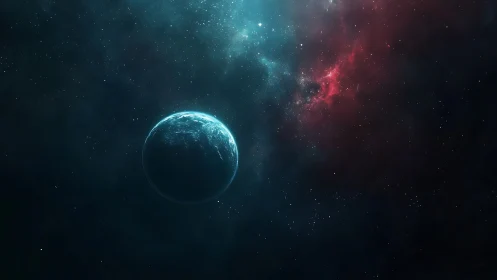 Isolated exoplanet illuminated by cyan nebular backlight in space