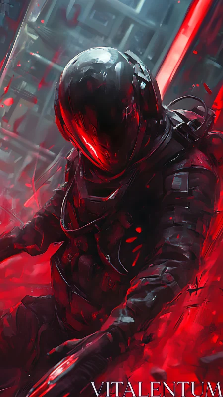 Armored sci fi figure in red energy field stands rigidly