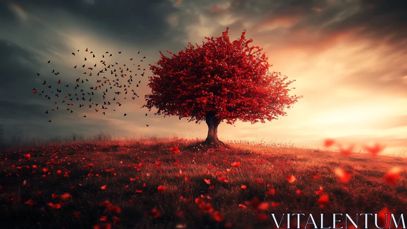 Crimson tree on windswept hill at dramatic sunset sky.