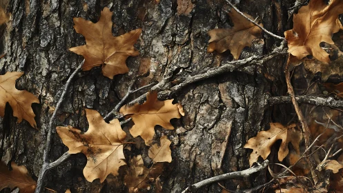 Dry oak leaves on textured tree bark surface in close view.