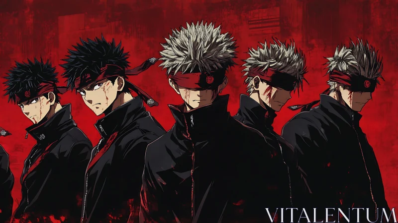 Bandaged warriors in black uniforms against blood red field.