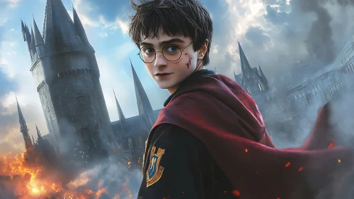 Young robed figure stands before burning gothic fortress