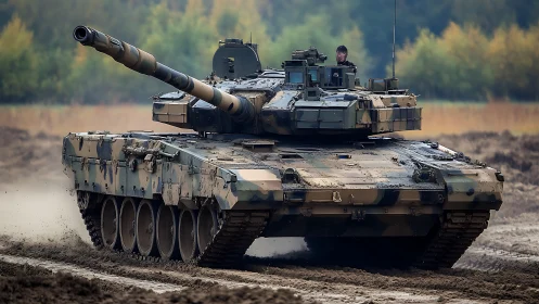 Modern main battle tank on muddy proving ground under load