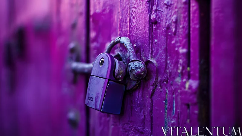 Purple padlock hangs on weathered painted wooden door
