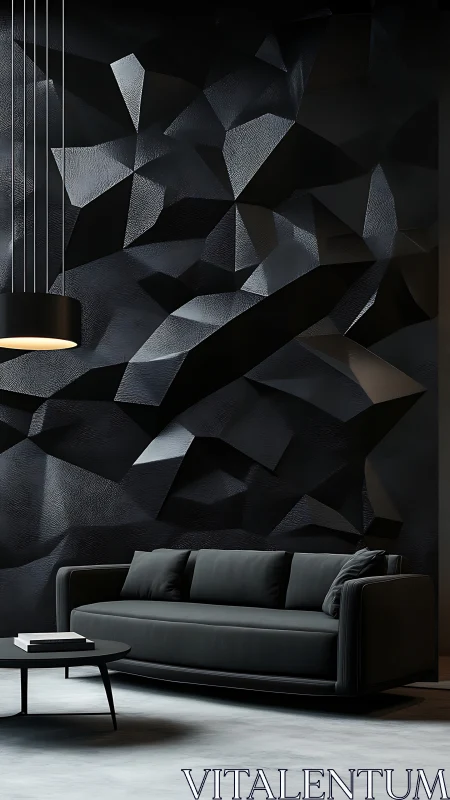 Black sofa against faceted geometric black accent wall