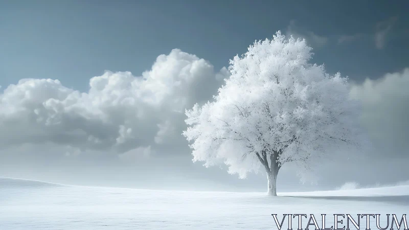 Solitary frost-covered tree on open winter landscape.