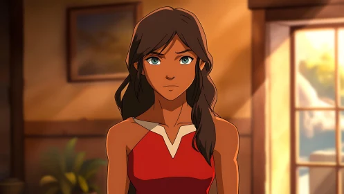 Focused anime heroine in warm backlit interior environment.