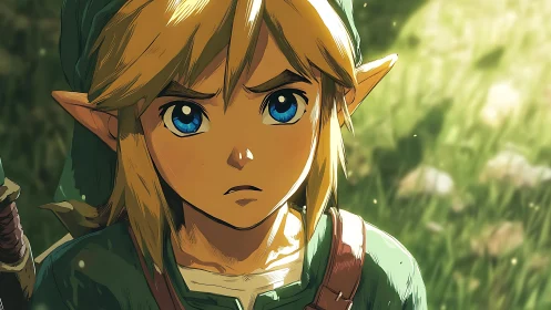 Young elf warrior stares upward under warm forest light