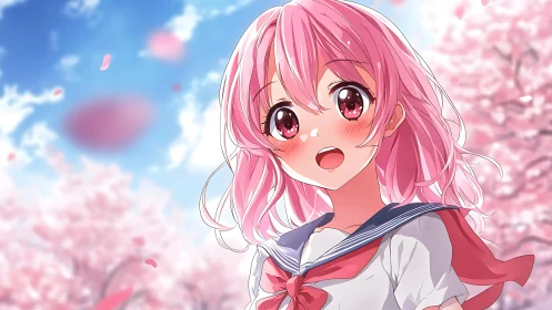 Pink haired schoolgirl under luminous cherry blossoms.
