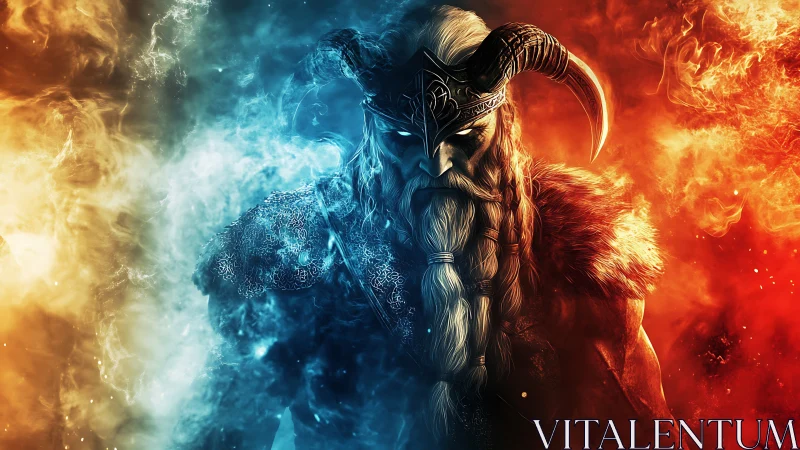 Bifurcated fire‑ice warrior portrait with high contrast lighting