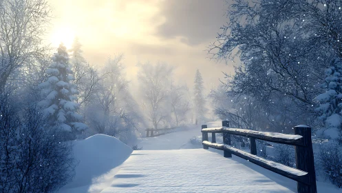 Snow covered wooden bridge in misty winter forest landscape.