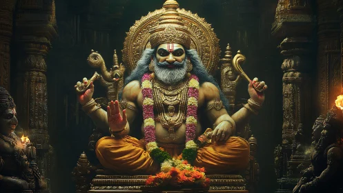 Lion-hearted deity on a molten-gold throne of temple shadows.