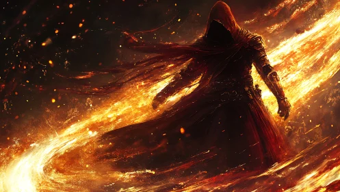 Hooded fire conjurer stride through swirling inferno veil.