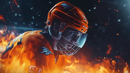 Fire-forged hockey warrior in molten orange armor focus.