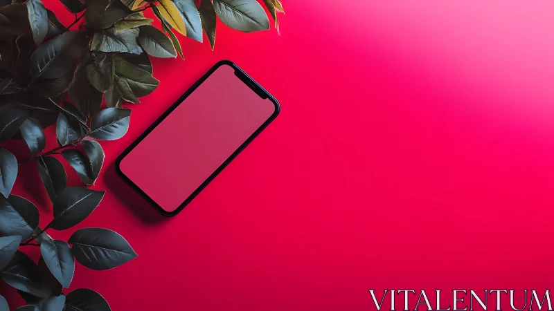 Smartphone Mockup Against Bold Magenta Background With Botanical Elements.