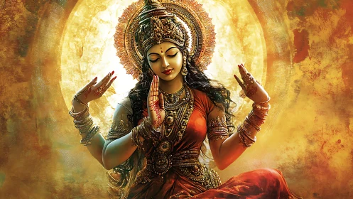 Hindu goddess in ornate gold headdress and red attire