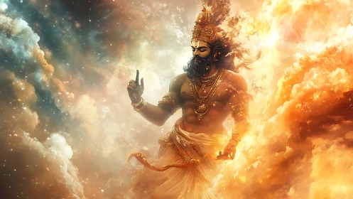 Mythic sky deity emerging from turbulent stellar nebulae.