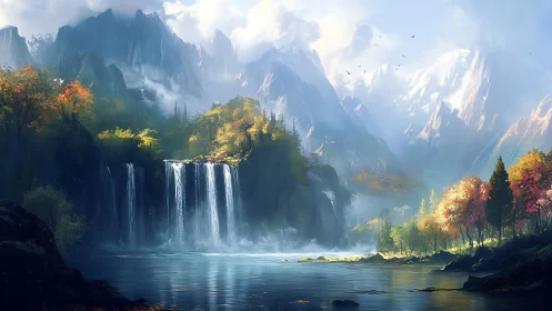 Waterfalls whisper softly beneath cloud crowned mountains