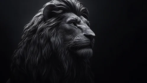 Side-profile lion render isolates detailed monochrome fur