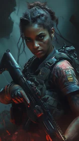 Battle-hardened cyber soldier grips rifle in smoky teal haze