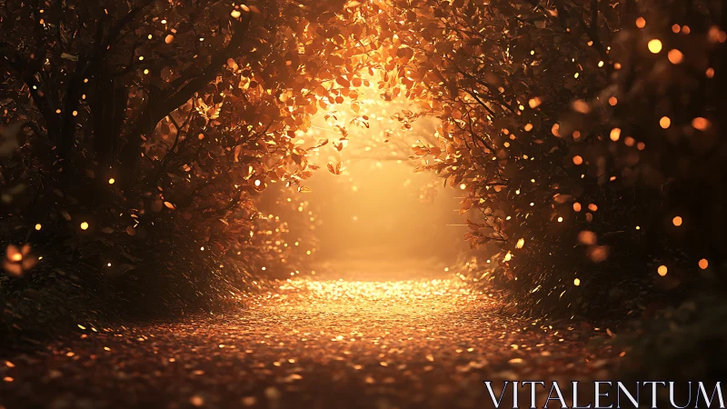 Sunlit forest path framed by dense autumn foliage