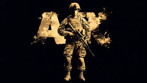 Golden soldier strides from shattered letters into shadow