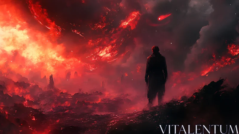 Lone wanderer confronts a burning cosmic storm above hellscape.