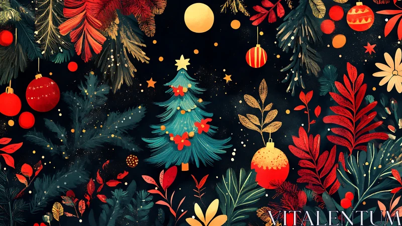 Festive Christmas tree with bold red foliage and ornaments