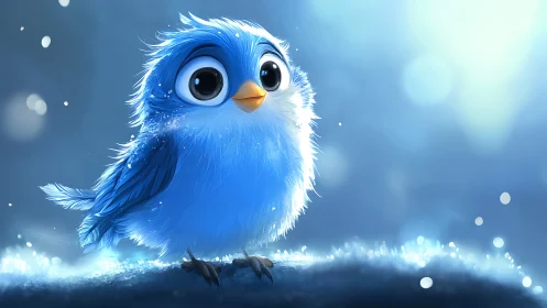 Cute Blue Cartoon Bird in Snowy Fantasy Style Illustration.