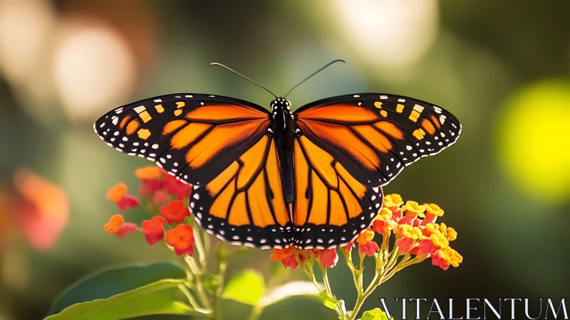 Monarch butterfly on orange blossoms in soft bokeh garden.