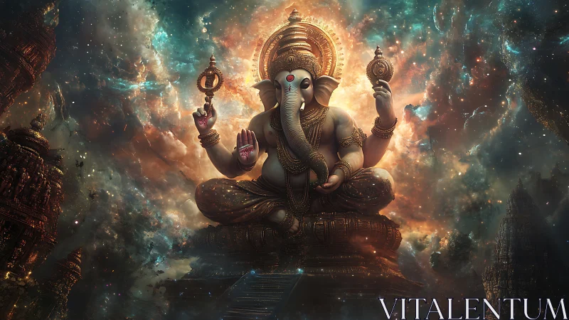 Concept art of cosmic Ganesha in luminous nebular shrine.