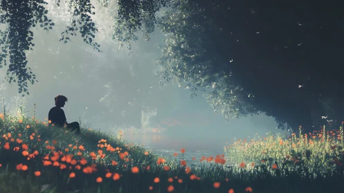 Solitary figure beside misty river amid glowing wildflowers.