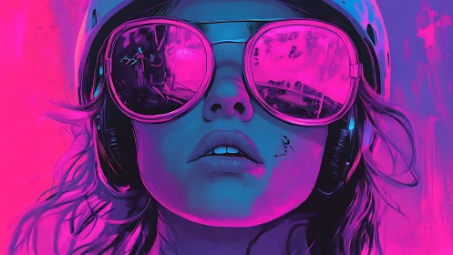 Neon visor reflections capture a cyber skate cityscape.
