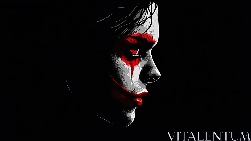 Side profile portrait shows stylized clown makeup on face