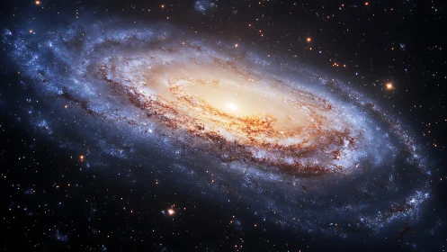 Spiral galaxy with bright core and extended star-filled disk.