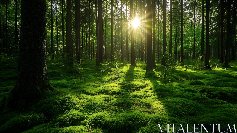 Sunlit Mossy Forest Floor with Tall Trees in Serene Morning Light.