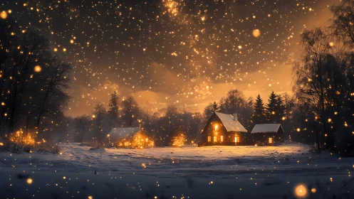 Cozy winter cabins glow warmly beneath sparkling night sky