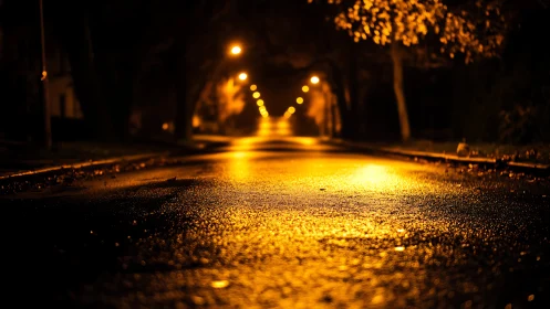 Wet asphalt at night reflects a receding row of streetlights