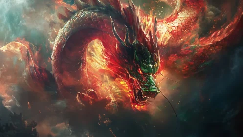 Flaming celestial dragon surges through stormlit cosmic clouds
