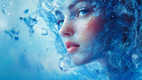Aquatic portrait merges human visage with dynamic water flows