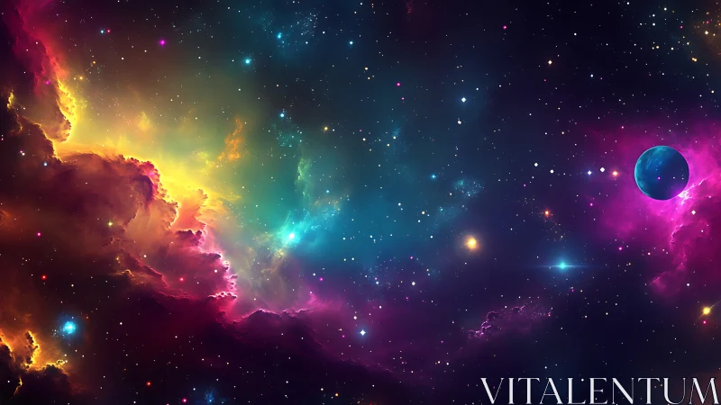 Colorful cosmic nebula with planet and bright starfield.