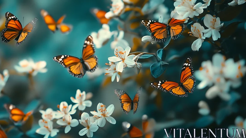 Monarch butterflies over teal blossoms in soft spring light.