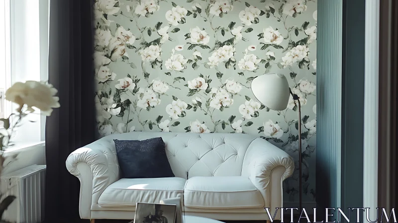 Floral accent wall frames tufted white sofa in soft daylight