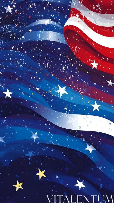 American flag waves with abstract starfield texture overlay.