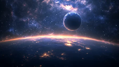 Luminous planetary horizon under distant glowing exoplanet.